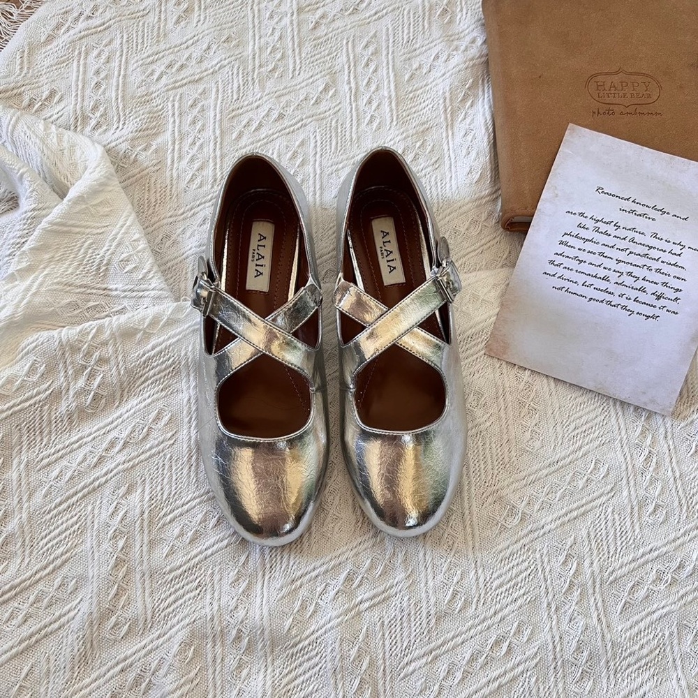 Alaia Silver Flats with Cross Straps